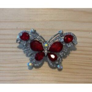 Butterfly Brooch Pin With Red Rhinestones & Silver Accents